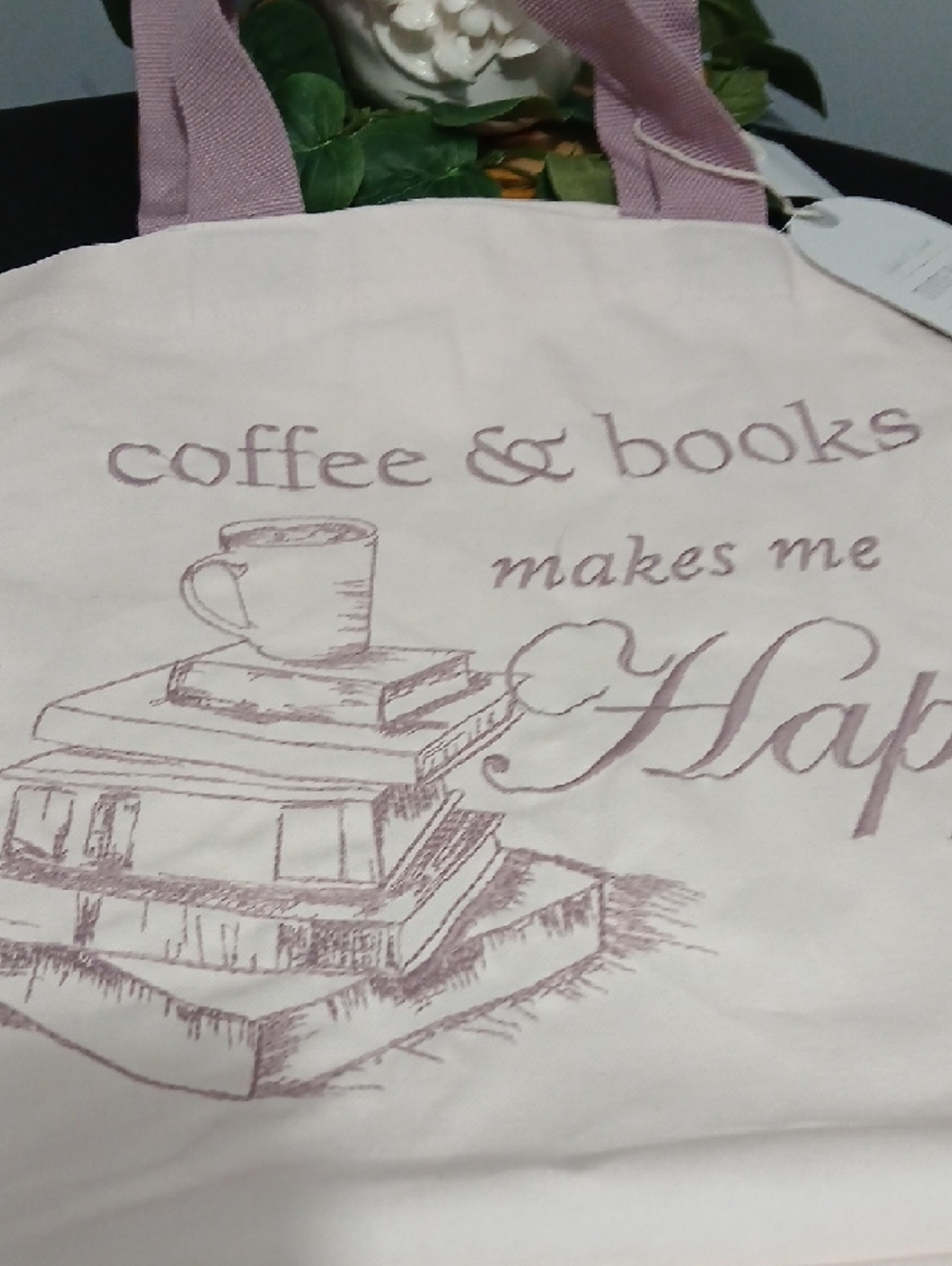 New! Coffee & Books Canvas Tote Bag in Light Pink NWT - Picture 3 of 10